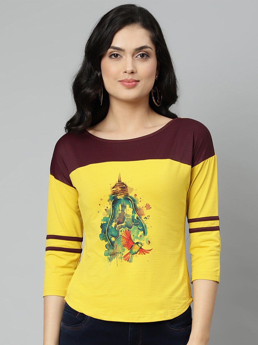 

OM SAI LATEST CREATION Yellow & Burgundy Graphic Print Drop Shoulder Sleeves Top