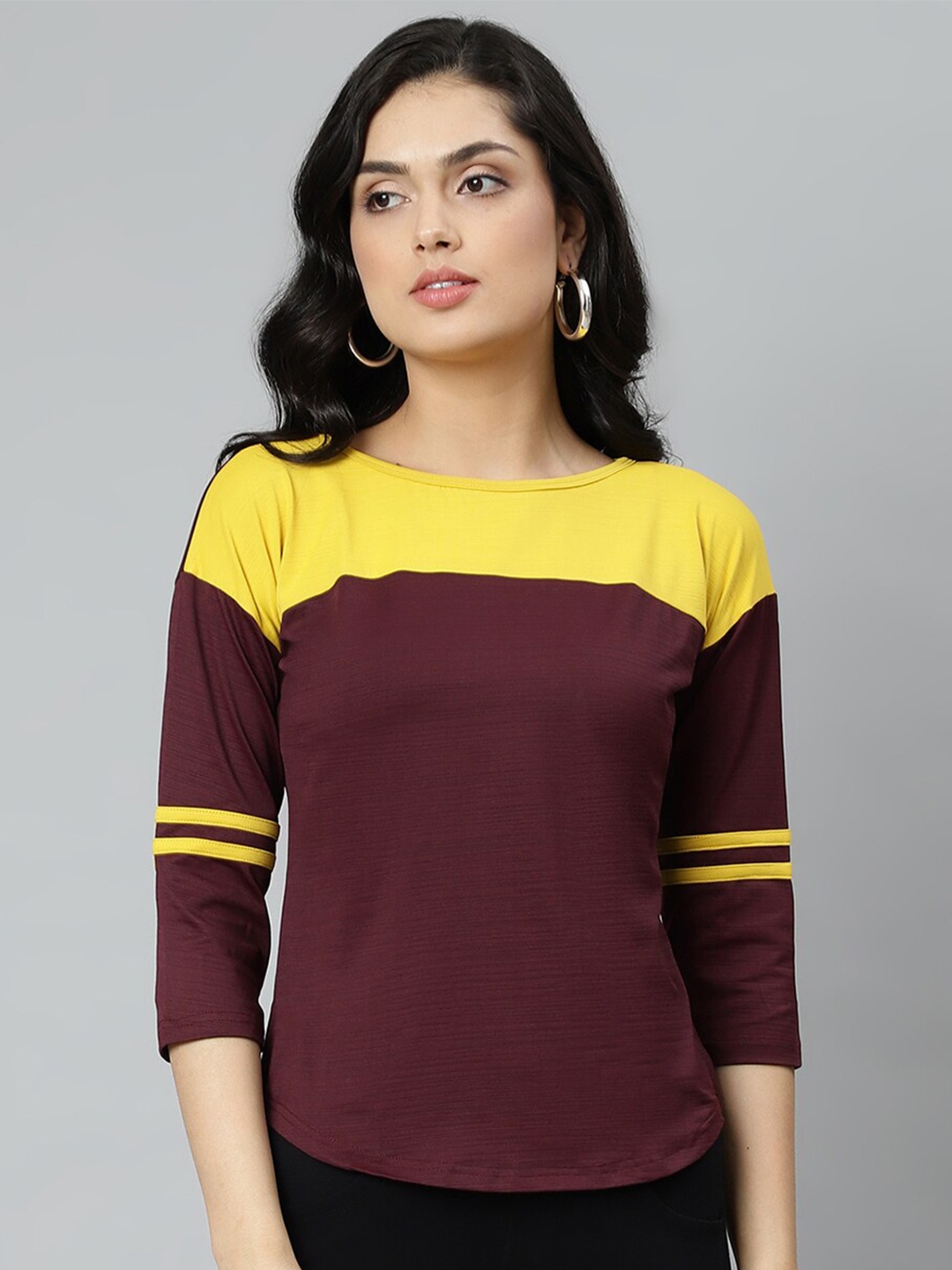 

OM SAI LATEST CREATION Burgundy & Yellow Colourblocked Drop Shoulder Sleeves Top
