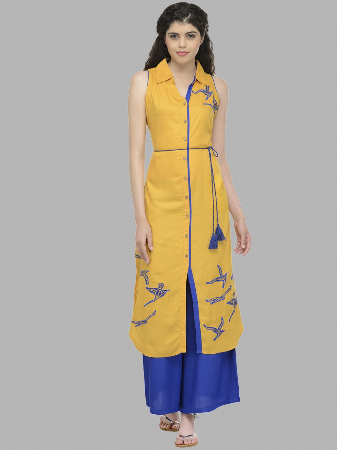 

Bitterlime Women Mustard Yellow Ethnic Motifs Embroidered Applique Pathani Kurta