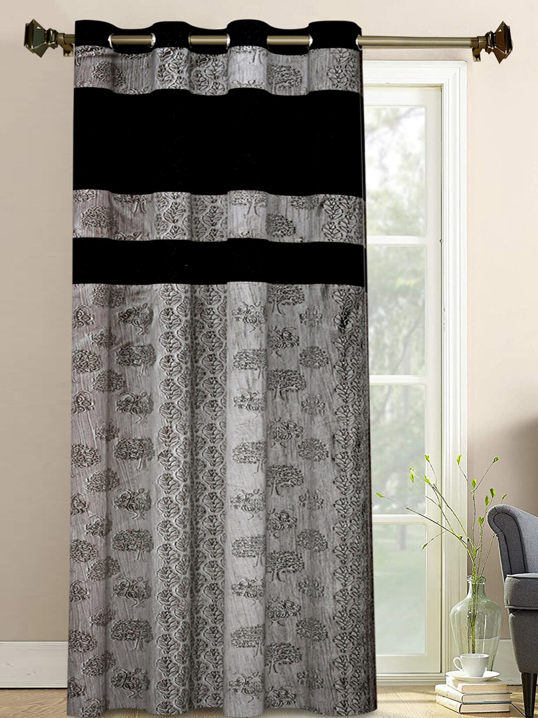 

Kuber Industries Black & Grey Floral Door Curtain