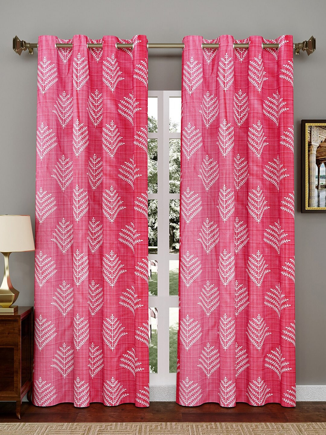 

Kuber Industries Pink & White Set of 2 Floral Door Curtains