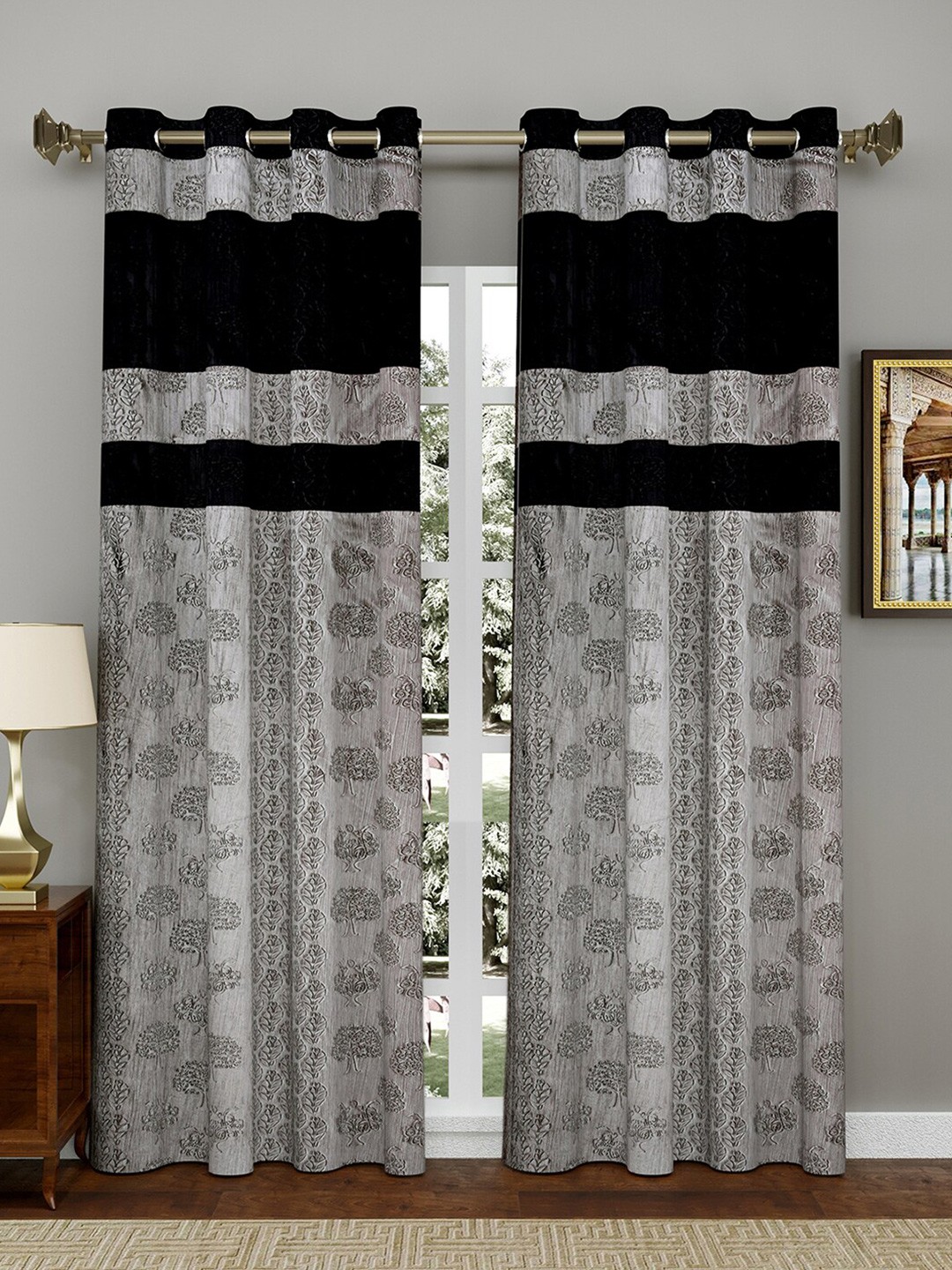 

Kuber Industries Grey & Black Set of 2 Floral Door Curtain