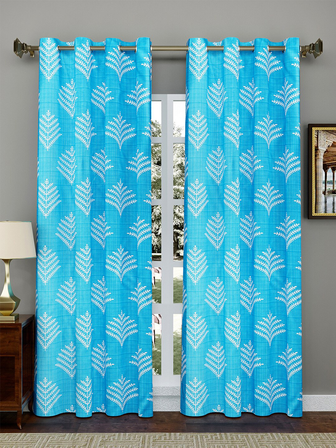 

Kuber Industries Blue & White Set of 2 Floral Door Curtain