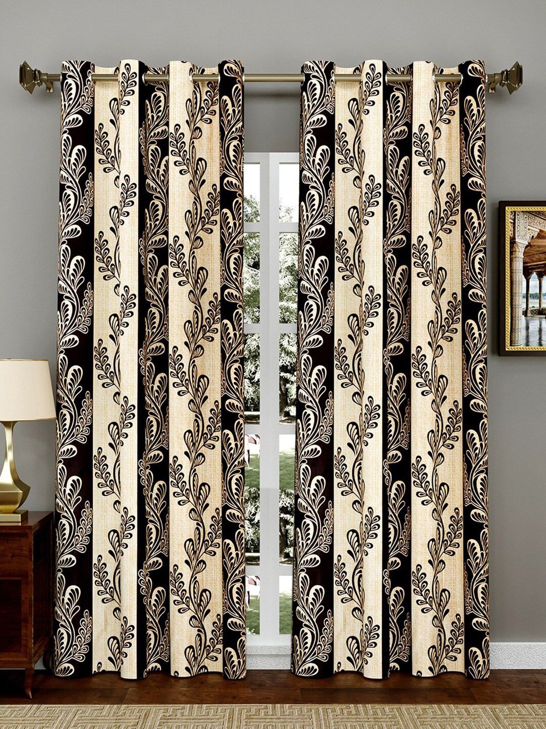 

Kuber Industries Set Of 2 Brown & Beige Floral Printed Door Curtain