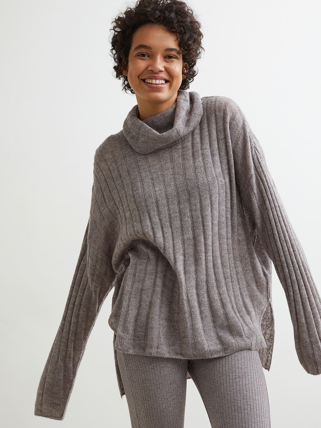 

H&M Women Grey Ribbed Wool-Blend Jumper