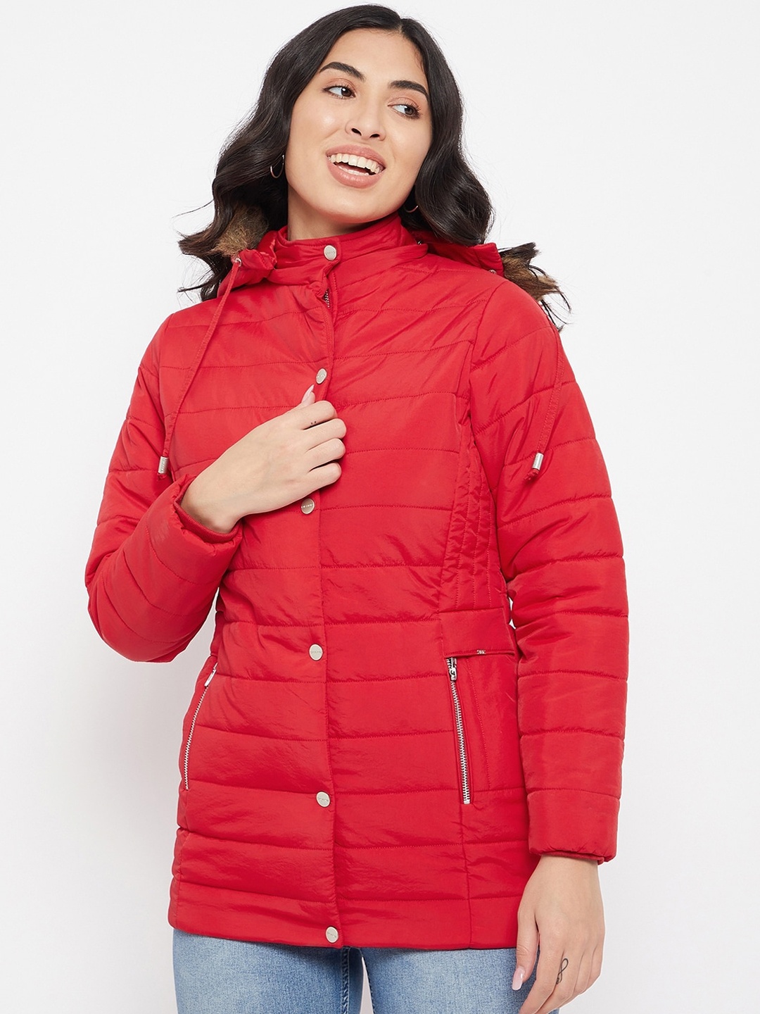 

Okane Women Red Solid Faux Fur Lightweight Longline Puffer Jacket