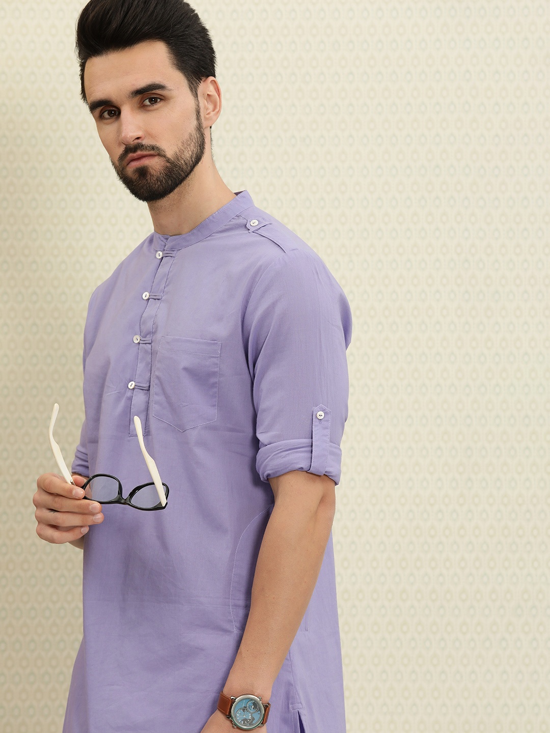 

House of Pataudi Men Purple Solid Pure Cotton Rozana Kurta