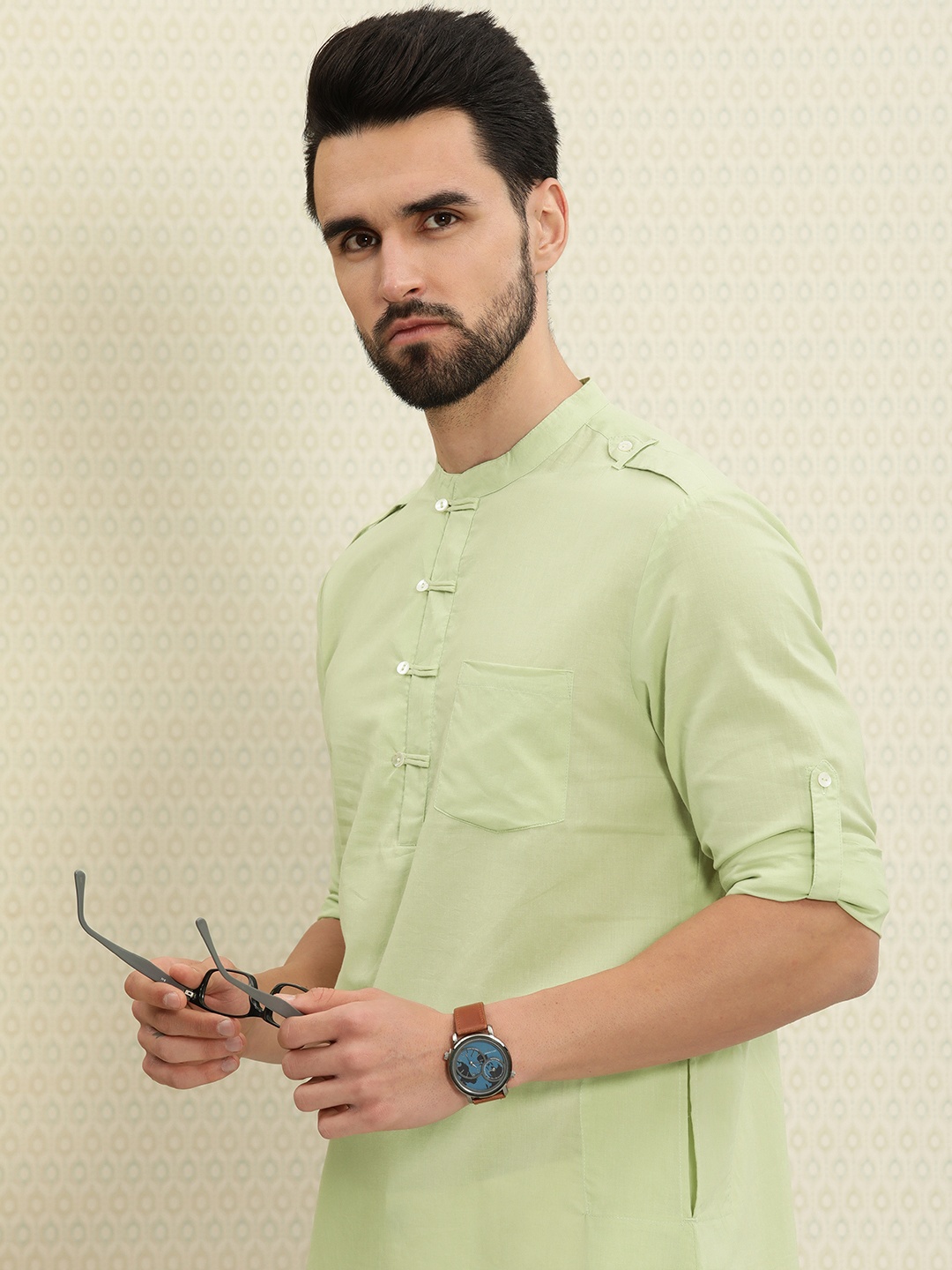 

House of Pataudi Men Lime Green Solid Rozana Kurta