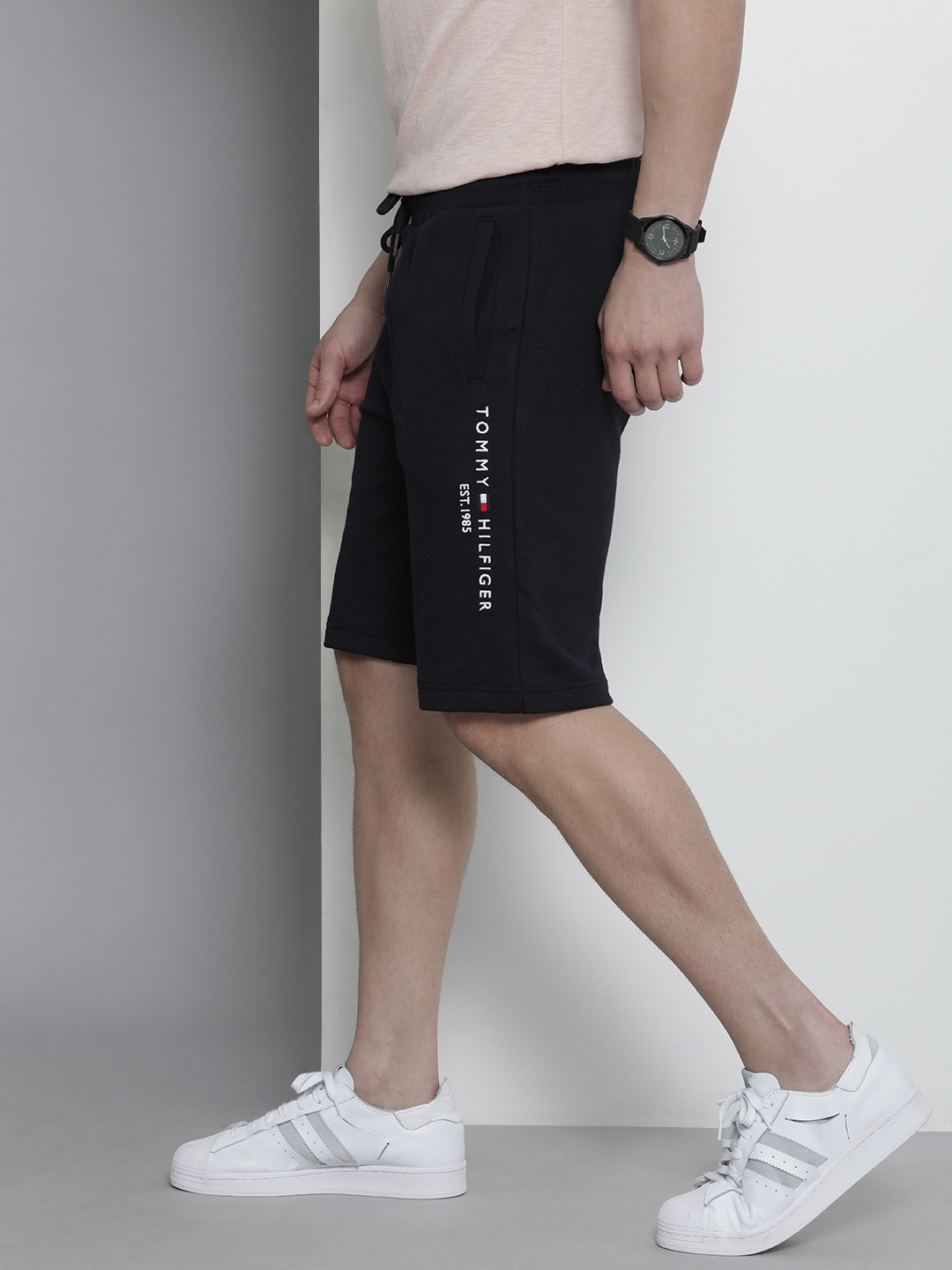 

Tommy Hilfiger Men Navy Blue Brand Logo Embroidered Shorts