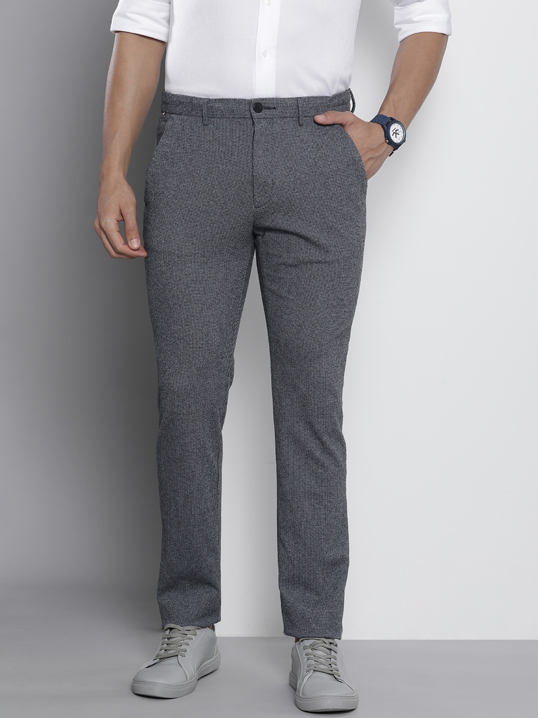 

Tommy Hilfiger Men Navy Blue Textured Slim Fit Trousers