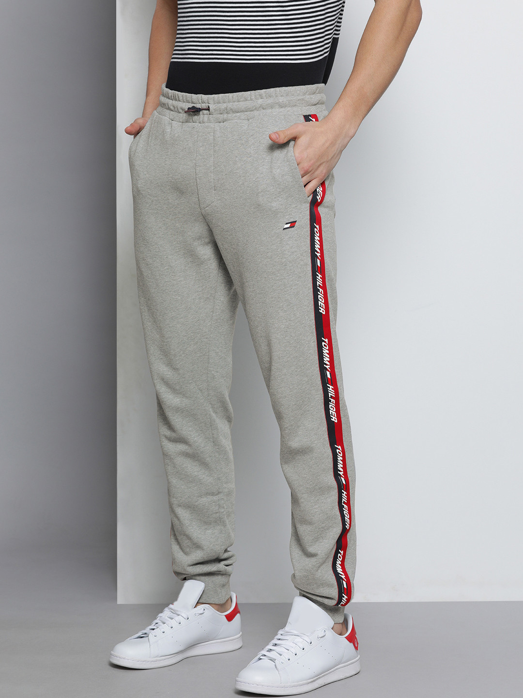 

Tommy Hilfiger Men Grey Melange Brand Logo Side Taped Pure Cotton Joggers
