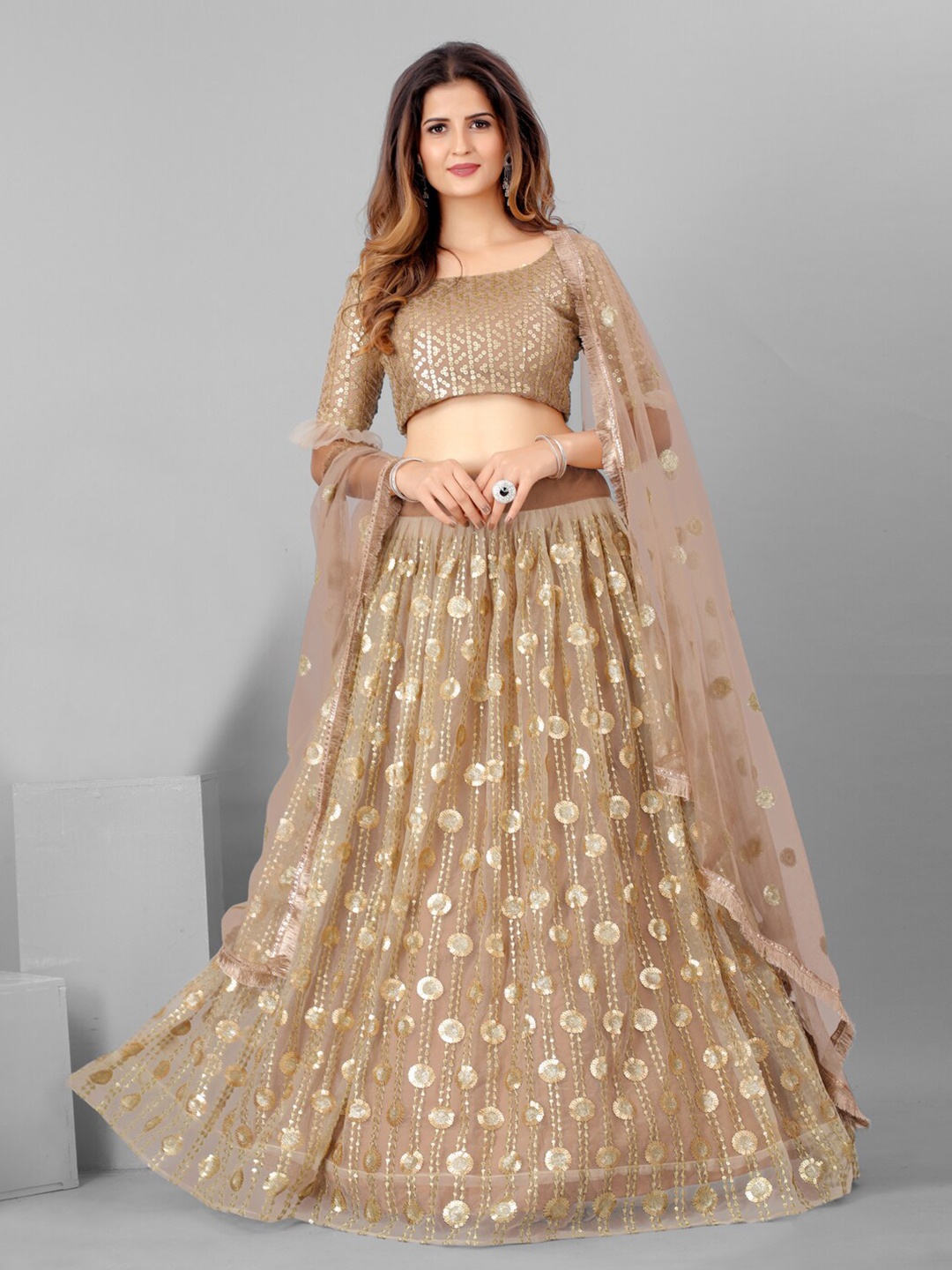 

SHOPGARB Beige & Gold-Coloured Semi-Stitched Lehenga & Unstitched Blouse With Dupatta