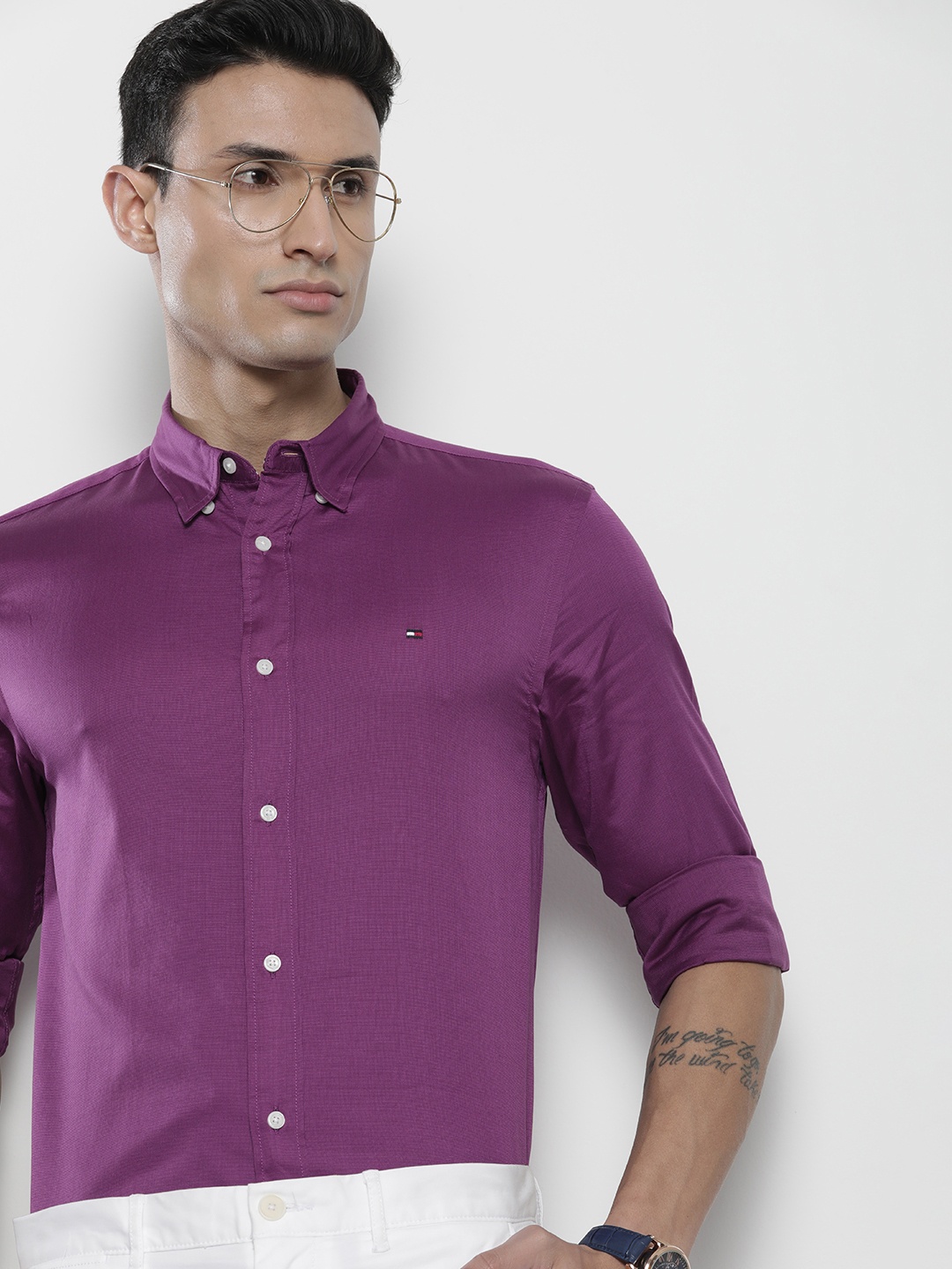 

Tommy Hilfiger Men Pure Cotton Smart Casual Shirt, Purple