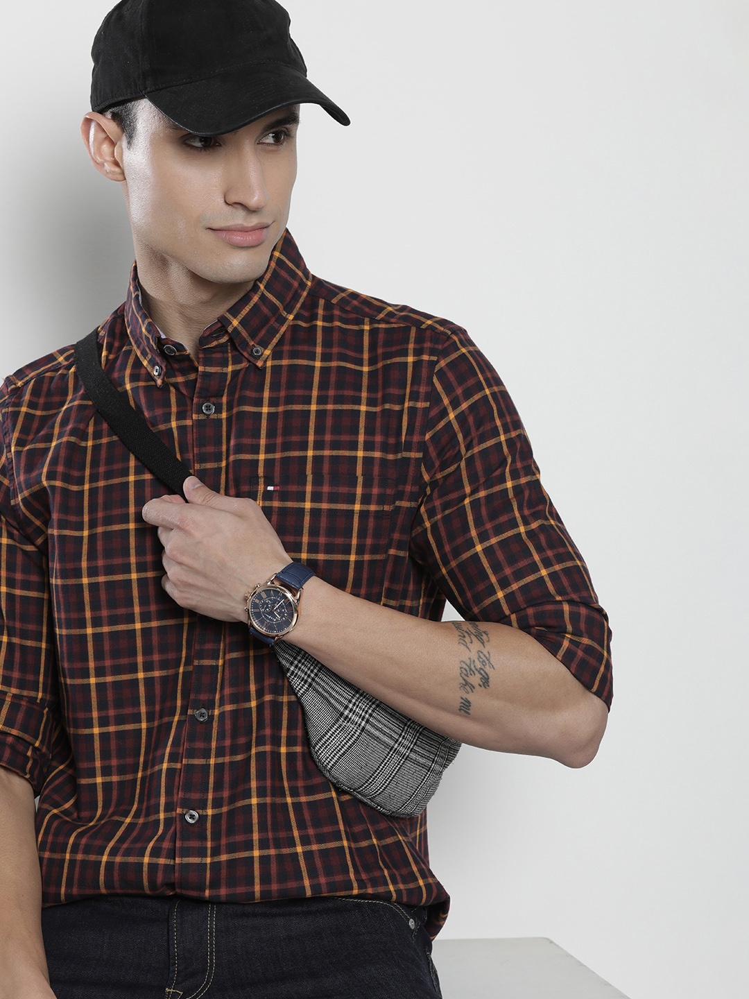 

Tommy Hilfiger Men Slim Fit Tartan Checked Smart Casual Shirt, Maroon