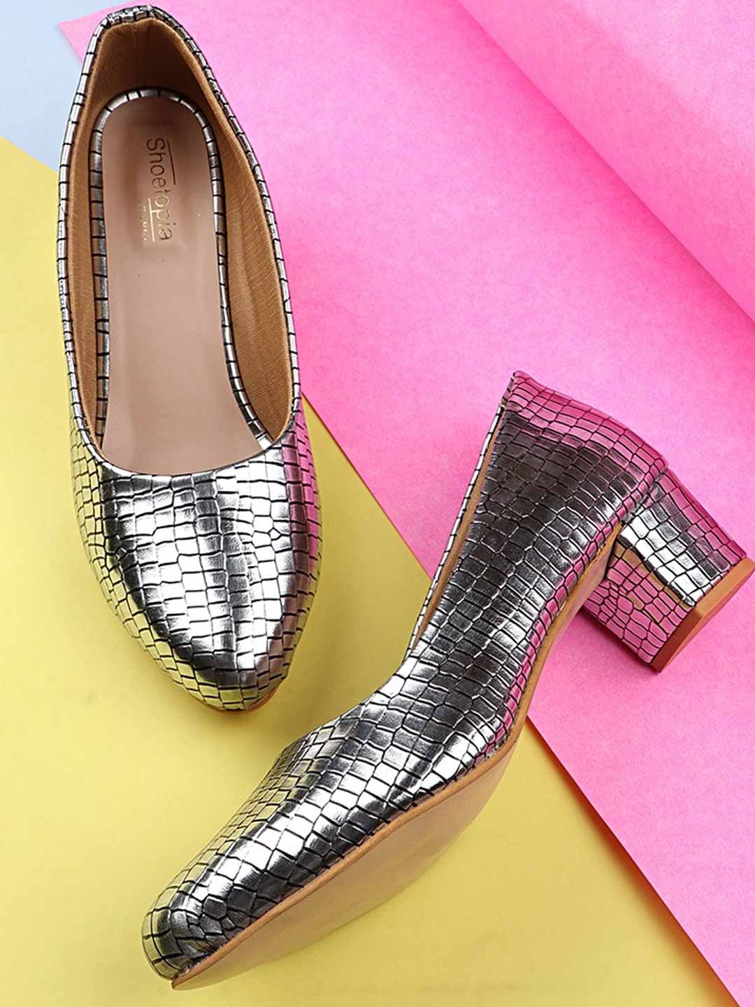 

Shoetopia Silver-Toned Textured Party Block Pumps