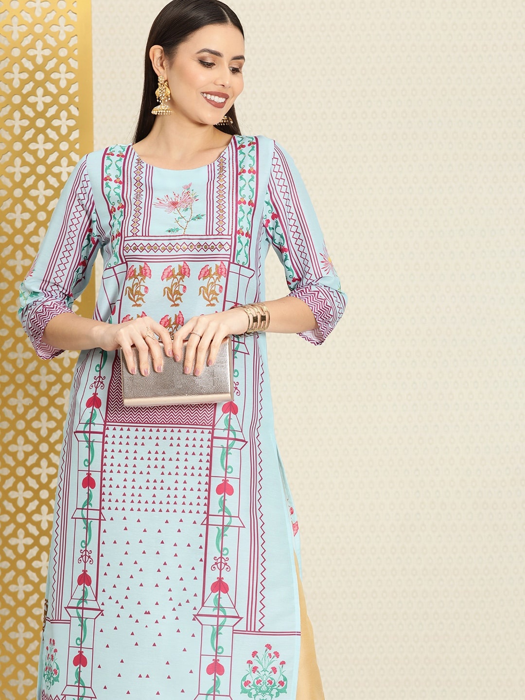 

House of Pataudi Women Blue & Magenta Ethnic Motifs Printed Rozana Kurta