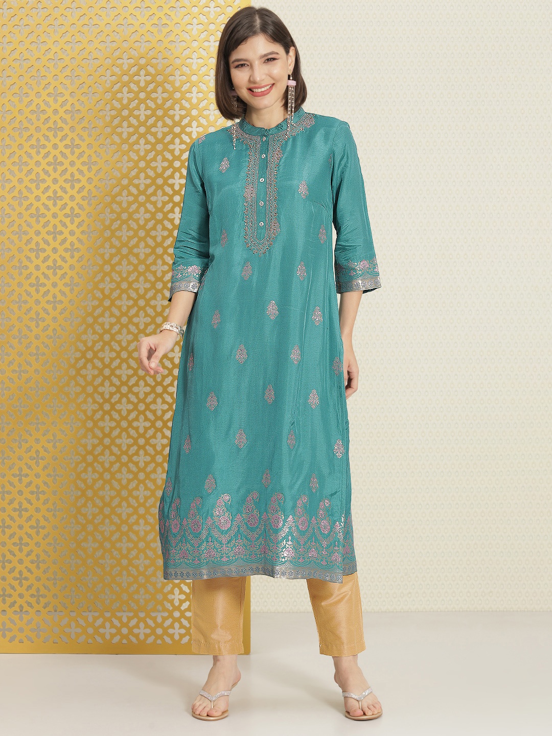 

House of Pataudi Women Teal & Pink Ethnic Motifs Woven Designed Jashn Kurta