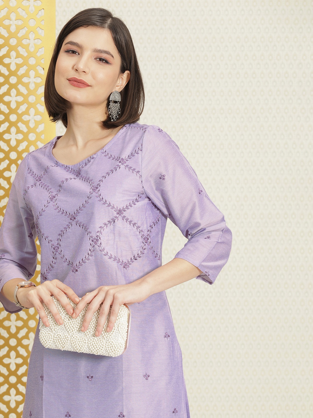 

House of Pataudi Women Lavender Embroidered Rozana Straight Kurta
