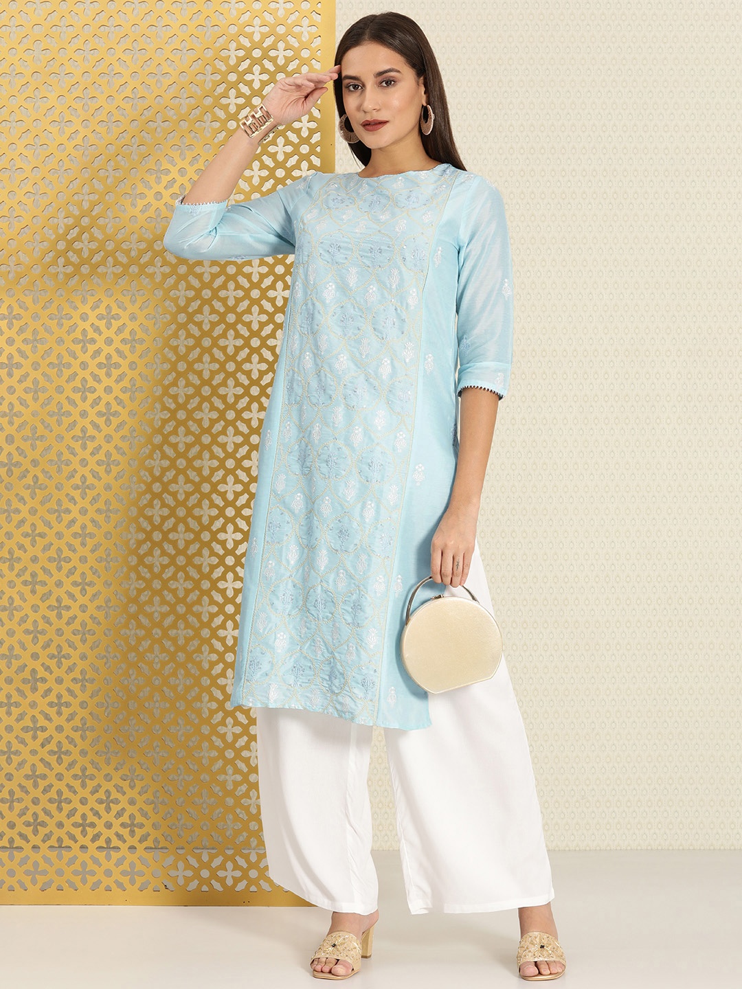 

House of Pataudi Women Blue & White Embroidered Sequin Embellished Kurta