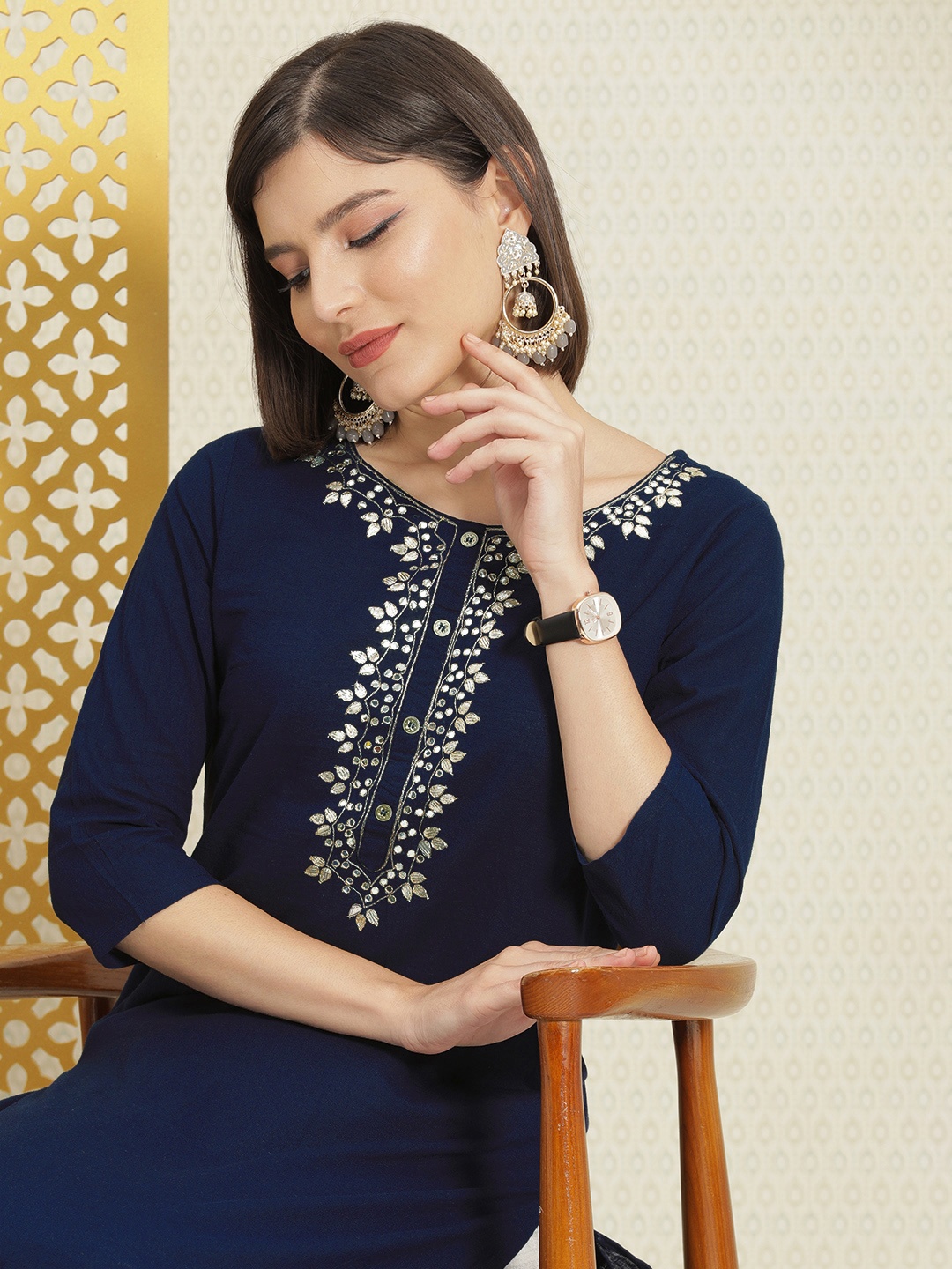 

House of Pataudi Women Navy Blue Woven Design Pure Cotton Rozana Straight Kurta