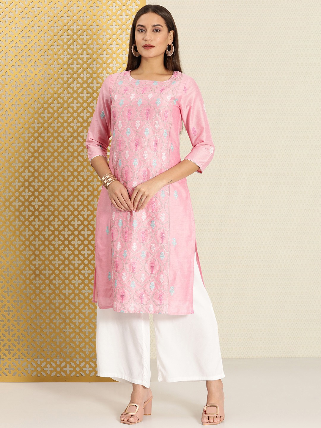 

House of Pataudi Women Jashn Pink Embroidered Floral Kurta