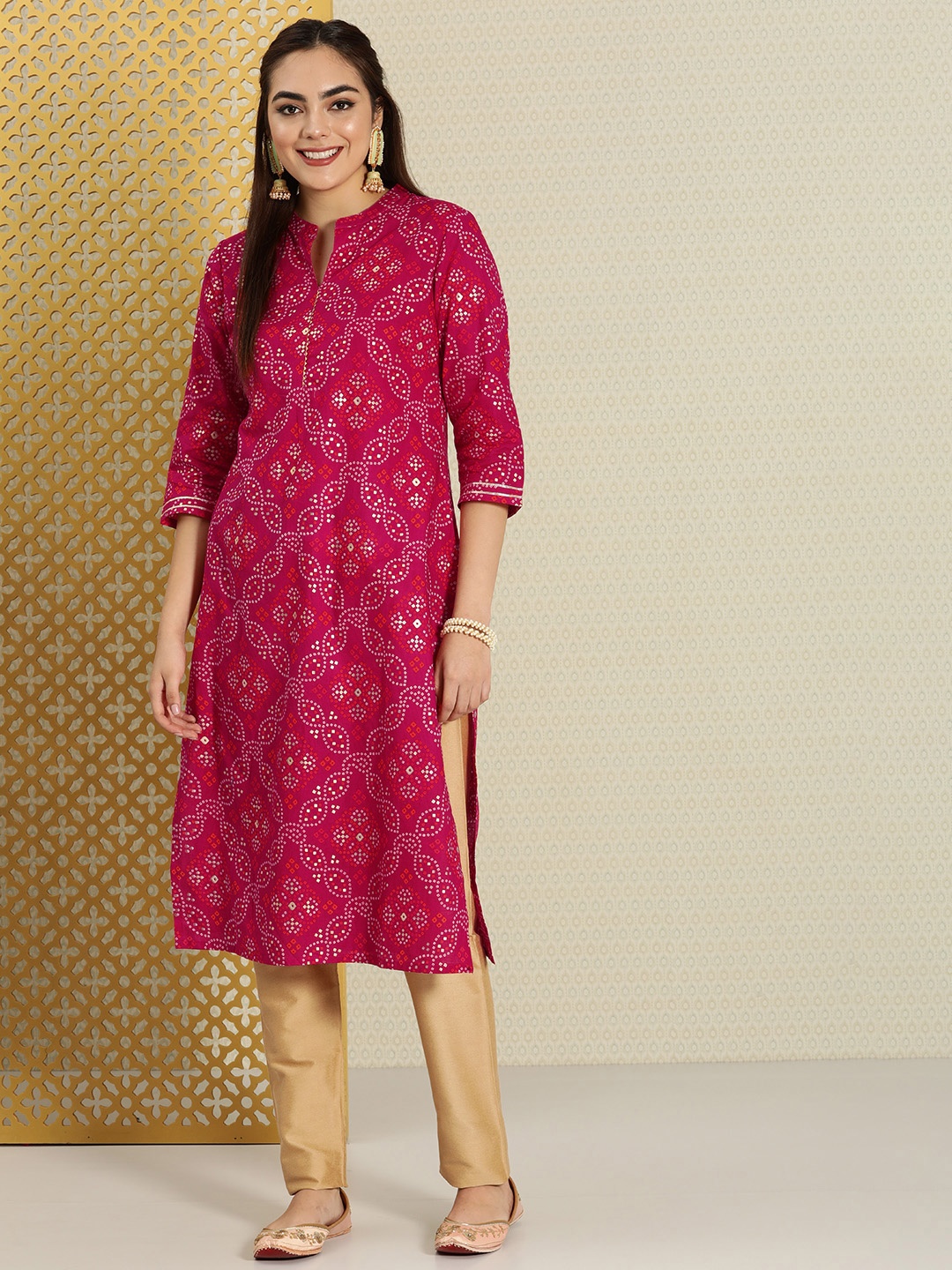 

House of Pataudi Women Pink & Orange Bandhani Printed Rozana Kurta