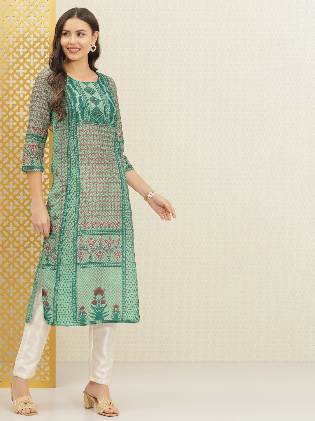 

House of Pataudi Women Sea Green & Pink Ethnic Motifs Printed Straight Kurta