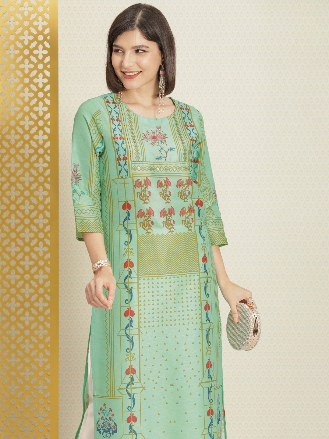 

House of Pataudi Women Green & Red Ethnic Motifs Printed Rozana Kurta