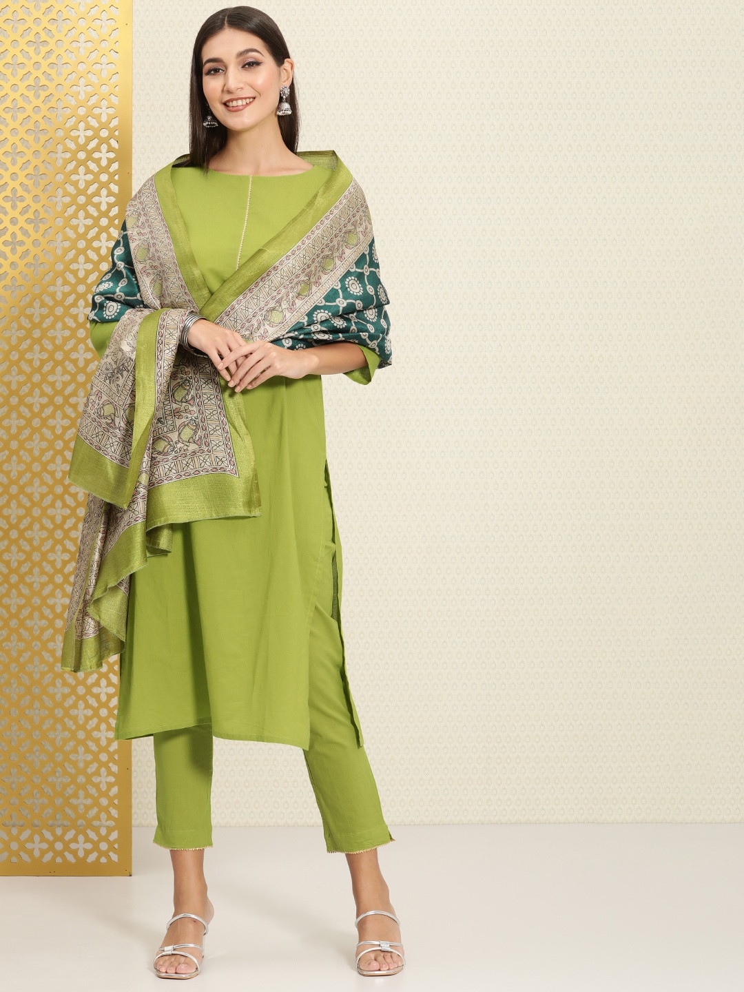 

House of Pataudi Women Green Pure Cotton Rozana Kurta with Trousers & Dupatta
