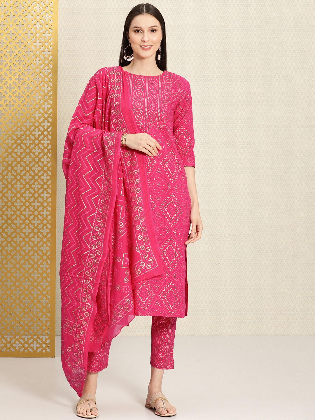 

House of Pataudi Women Pink Rozana Pure Cotton Kurta with Trousers & With Dupatta