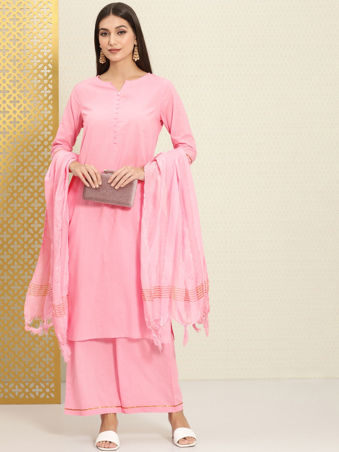 

House of Pataudi Women Pink Solid Pure Cotton Rozana Kurta with Palazzos & Dupatta