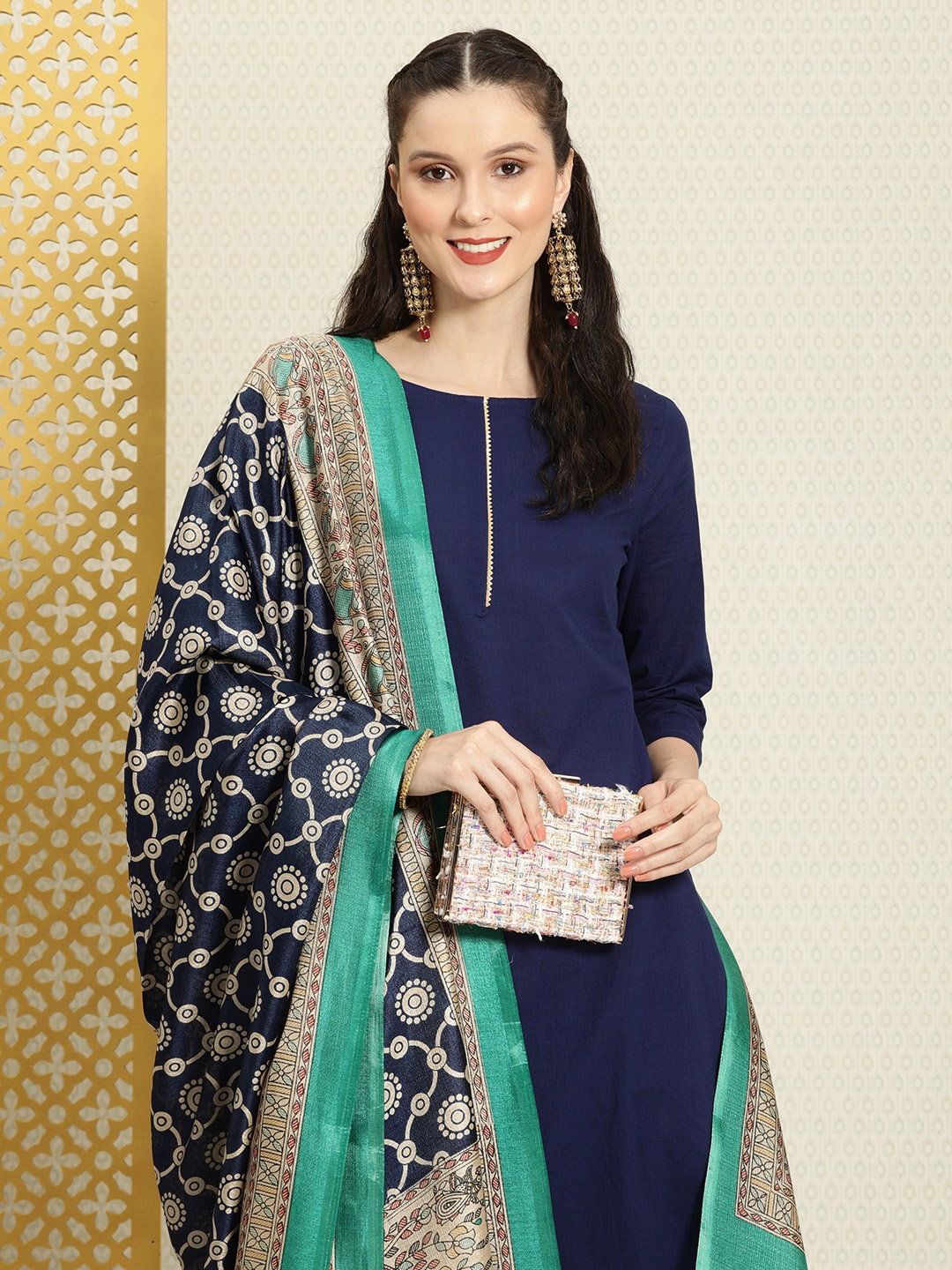 

House of Pataudi Women Navy Blue Pure Cotton Rozana Kurta with Trousers & With Dupatta