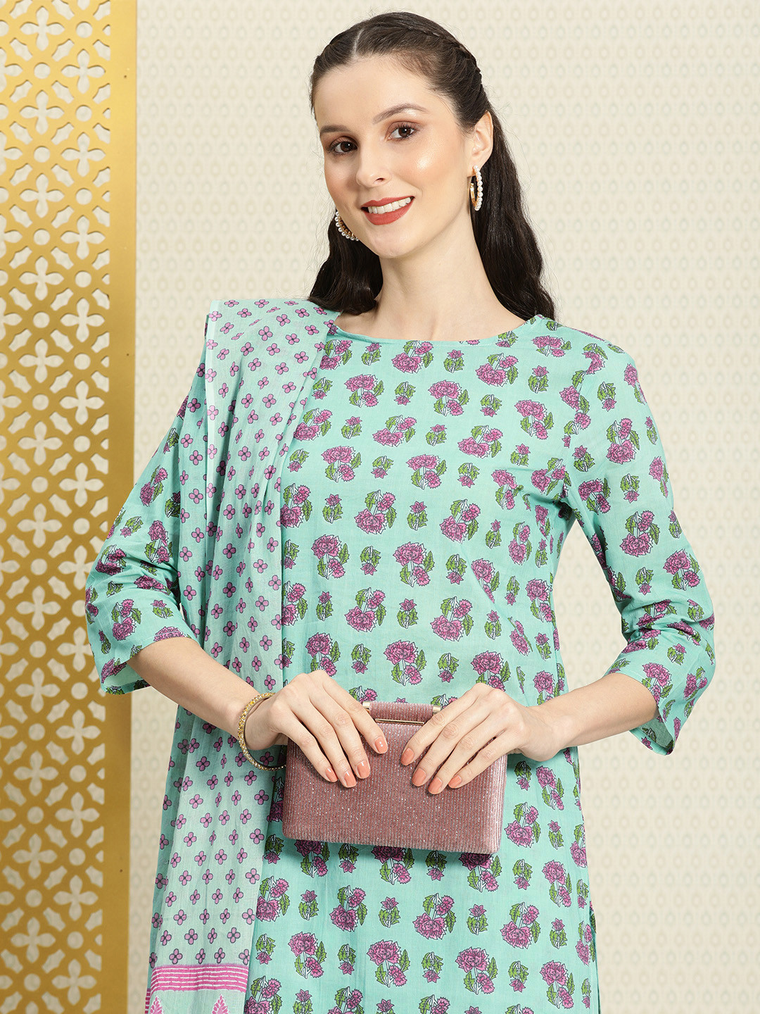 

House of Pataudi Women Green Printed Pure Cotton Rozana Kurta with Palazzos & With Dupatta
