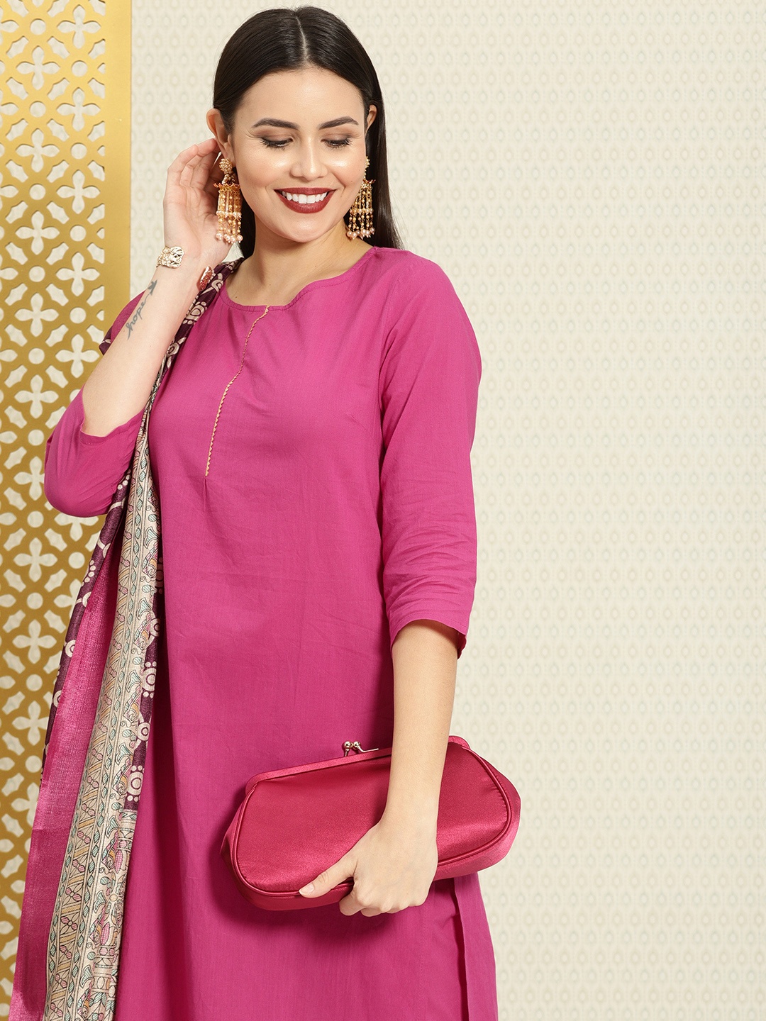 

House of Pataudi Women Pink Pure Cotton Rozana Kurta with Trousers & With Dupatta