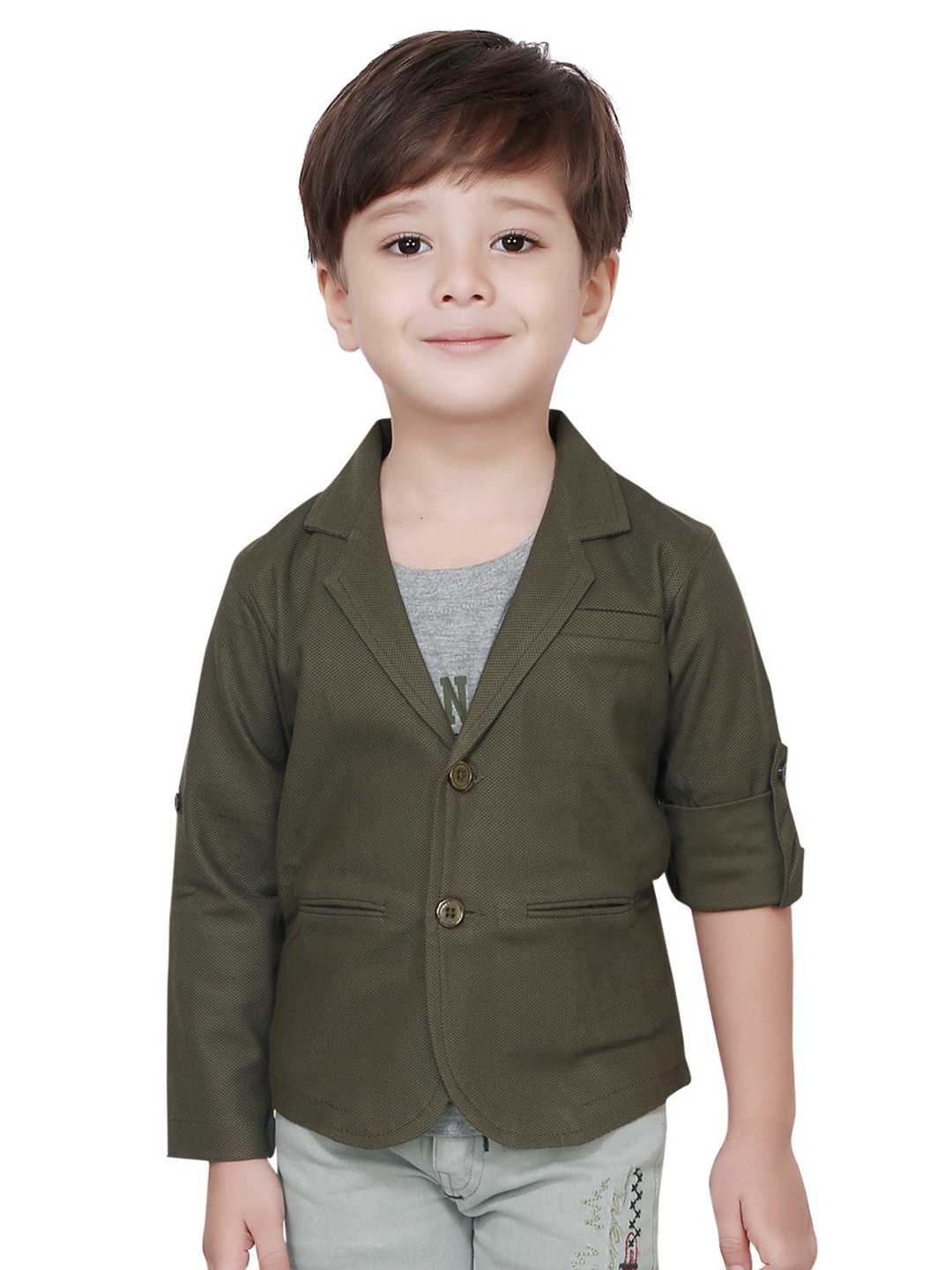 

RIKIDOOS Boys Olive-Green & Grey Self-Design Casual Blazer