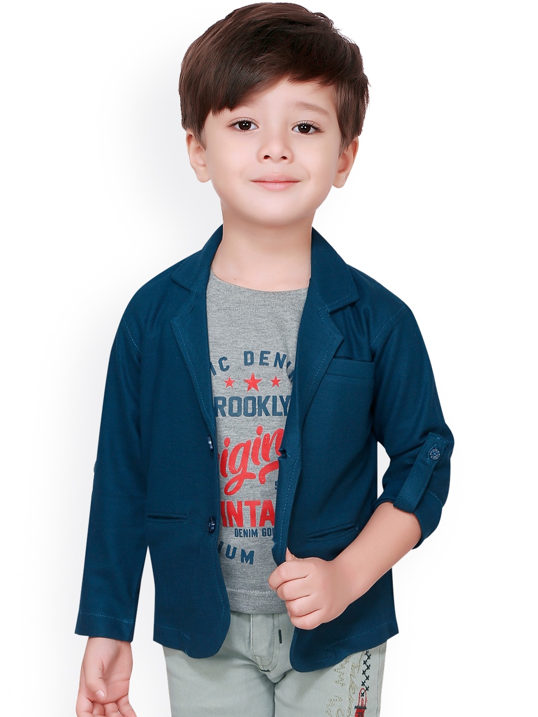 

RIKIDOOS Boys Navy Blue Solid Blazer With T-Shirt