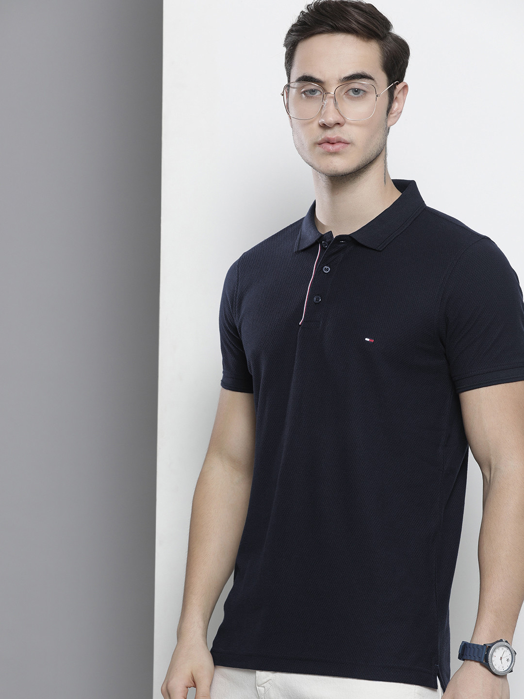

Tommy Hilfiger Men Navy Blue Polo Collar Pure Cotton Slim Fit T-shirt