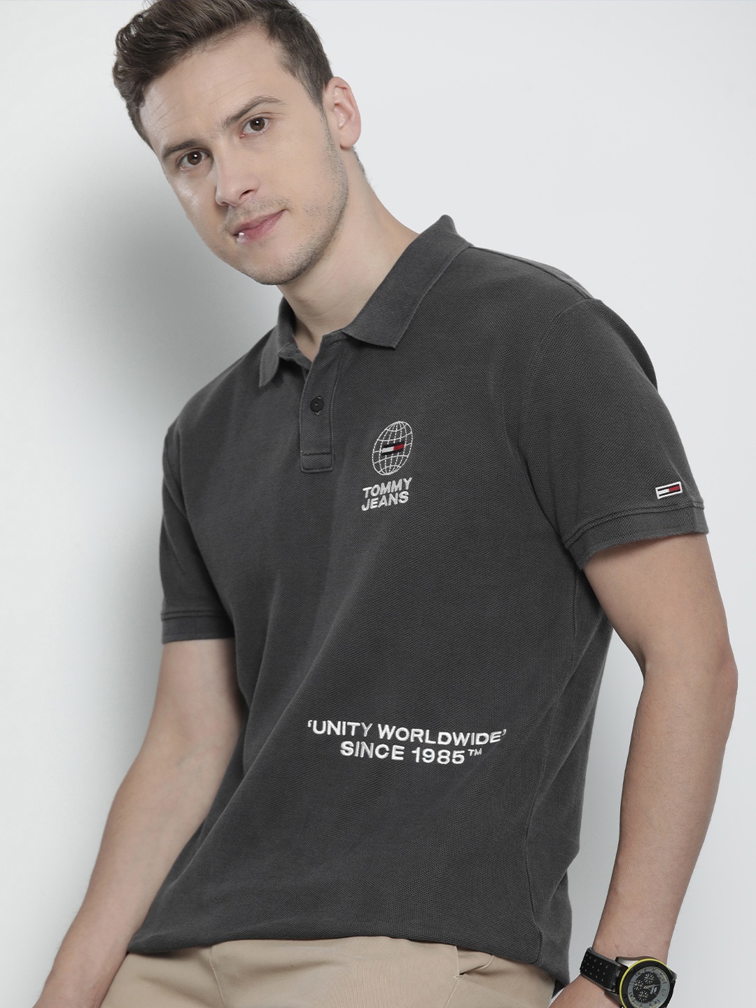 

Tommy Hilfiger Men Charcoal Typography Printed Polo Collar Pure Cotton T-shirt