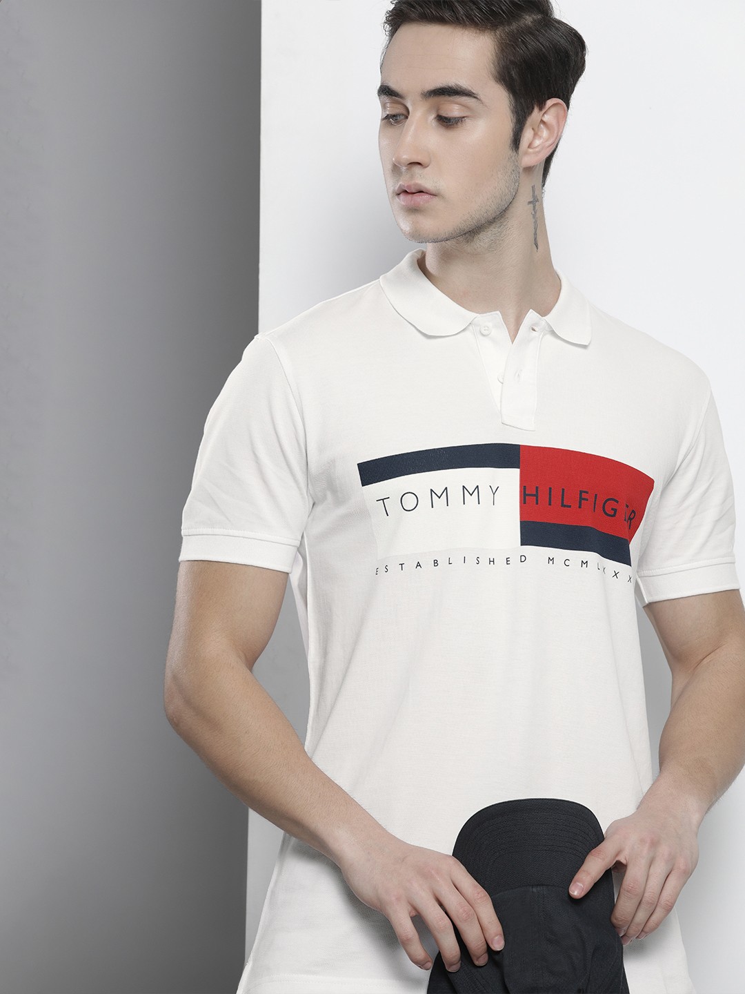 

Tommy Hilfiger Men White Brand Logo Printed Polo Collar Organic Cotton T-shirt