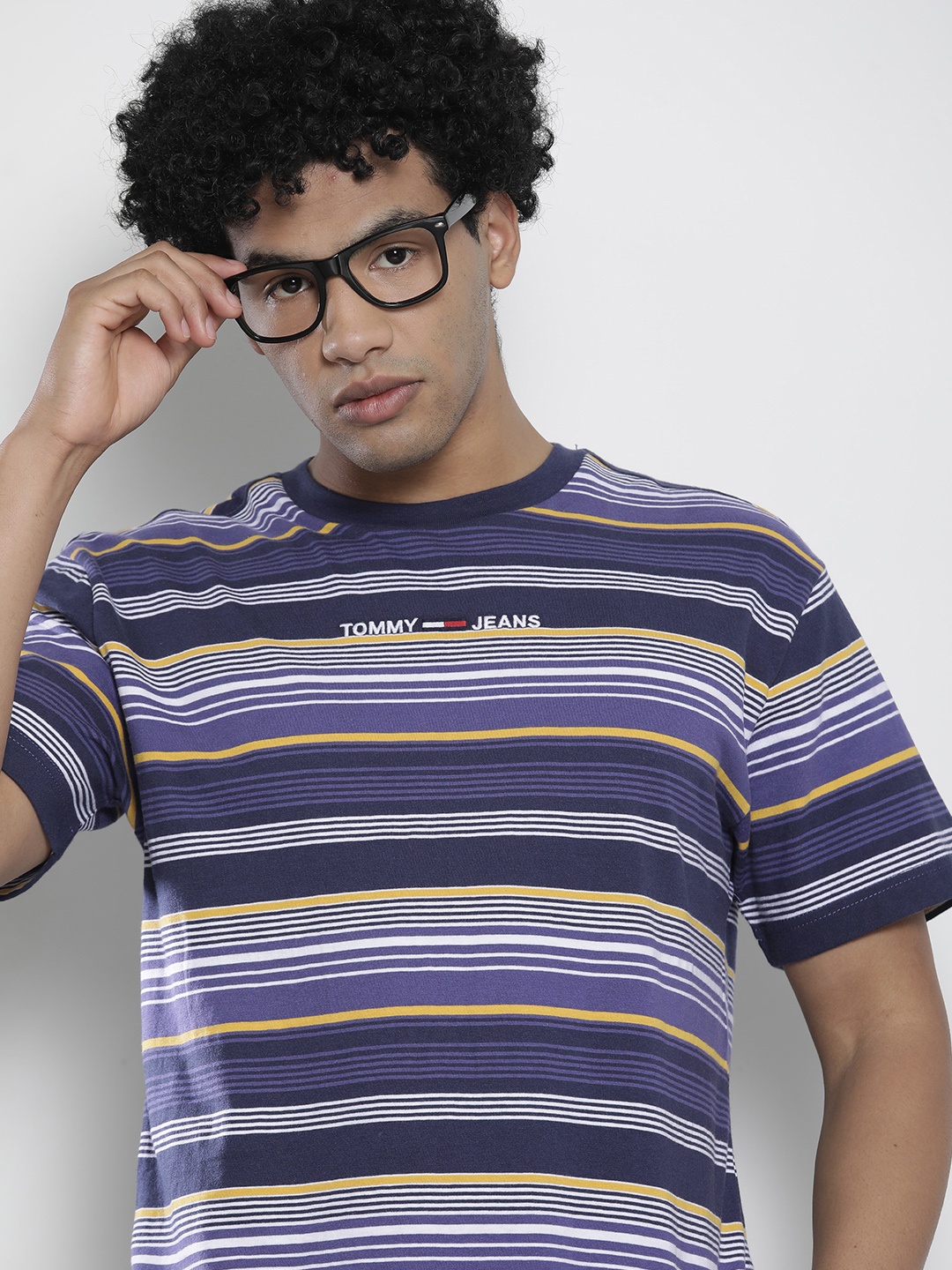 

Tommy Hilfiger Men Blue & Purple Striped Pure Cotton T-shirt