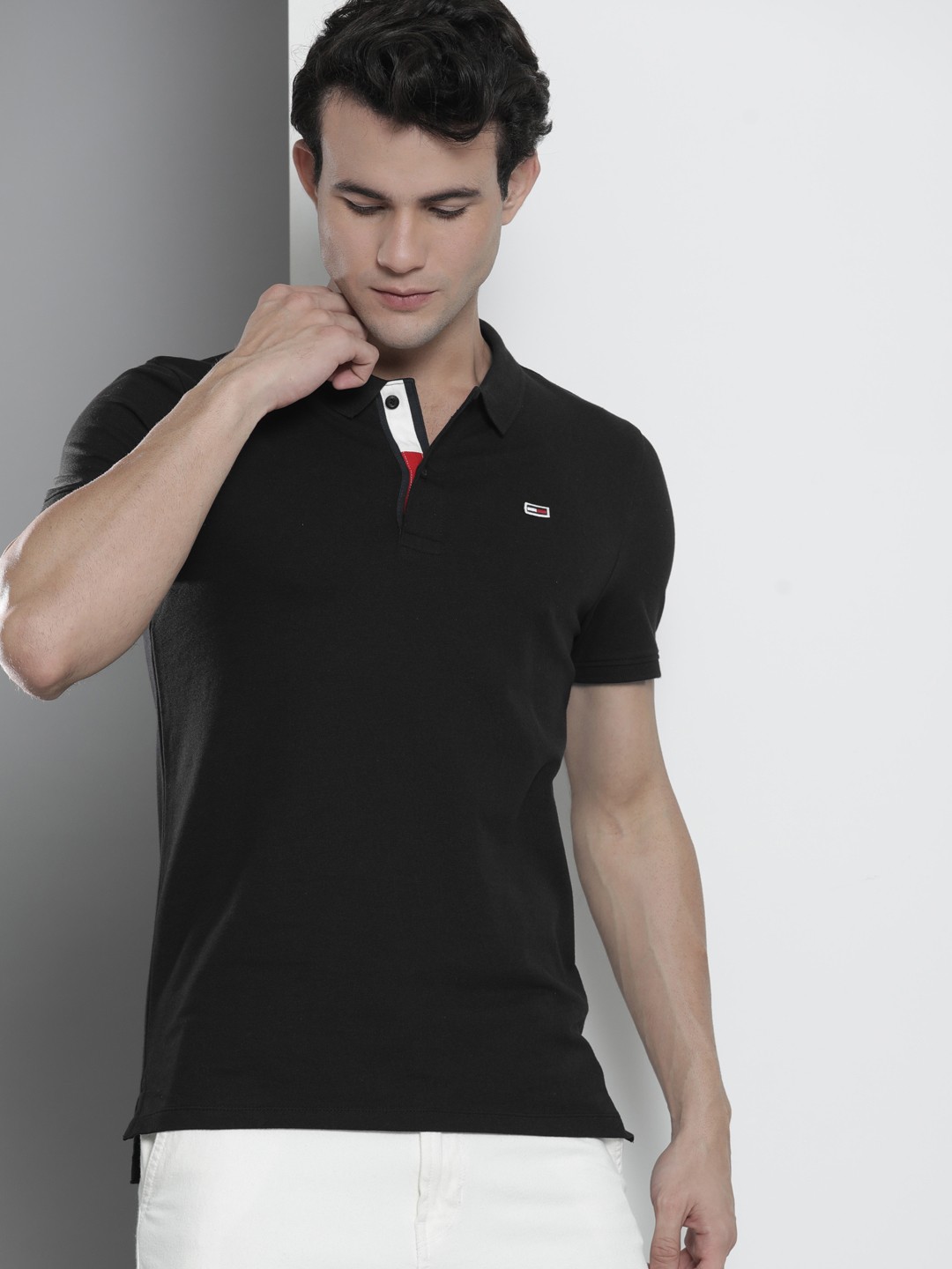 

Tommy Hilfiger Men Black Polo Collar Pure Cotton Slim Fit T-shirt