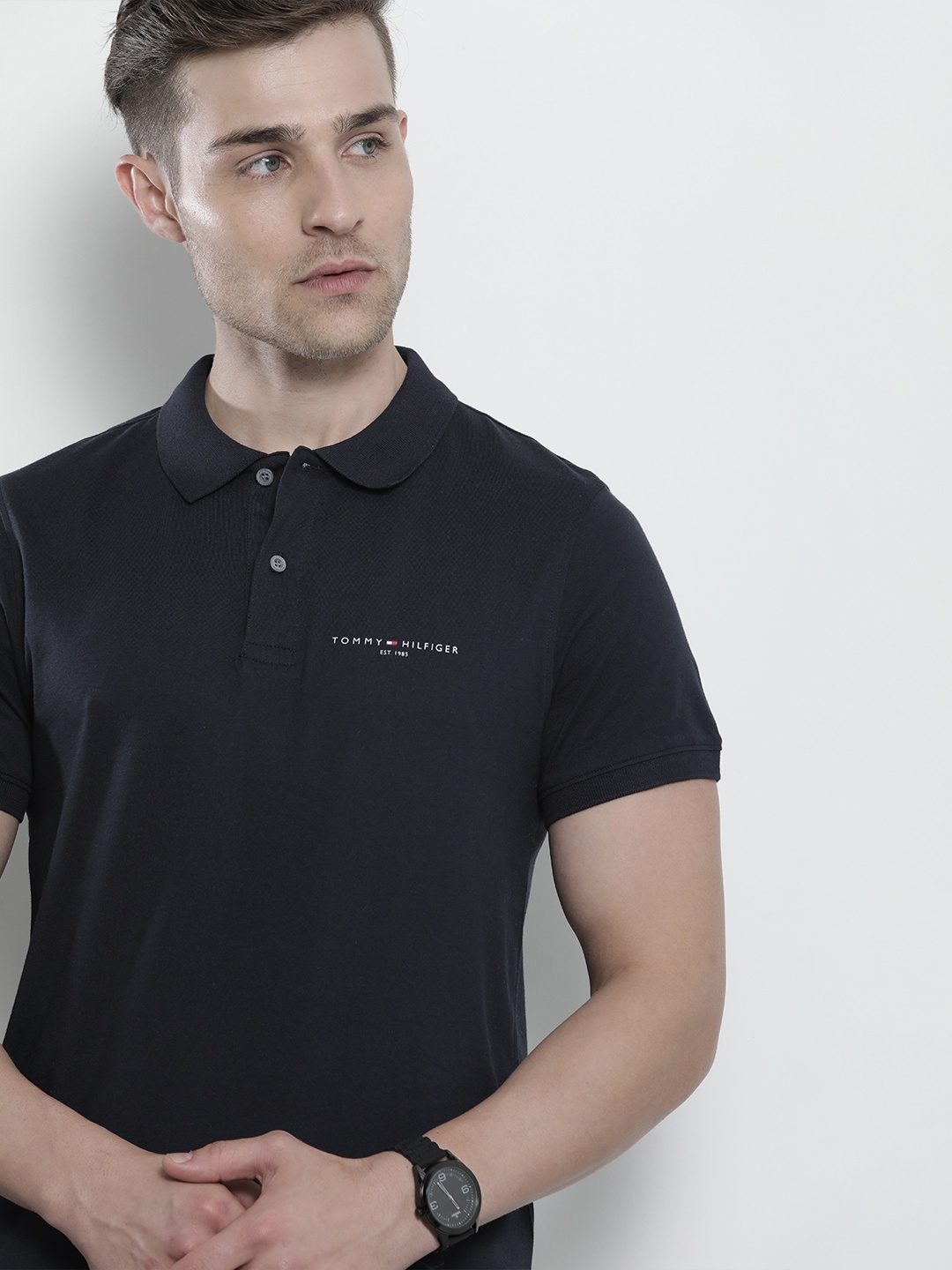

Tommy Hilfiger Men Navy Blue Brand Logo Printed Polo Collar Slim Fit T-shirt