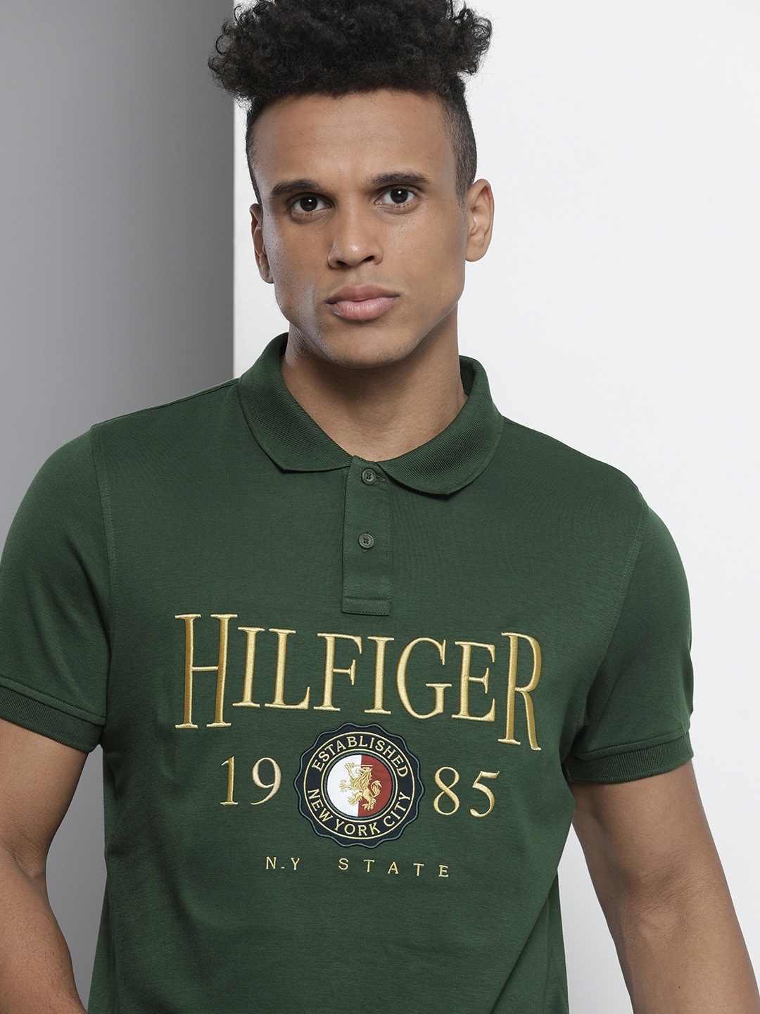 

Tommy Hilfiger Men Olive Green Embroidered Polo Collar Pure Cotton Slim Fit T-shirt