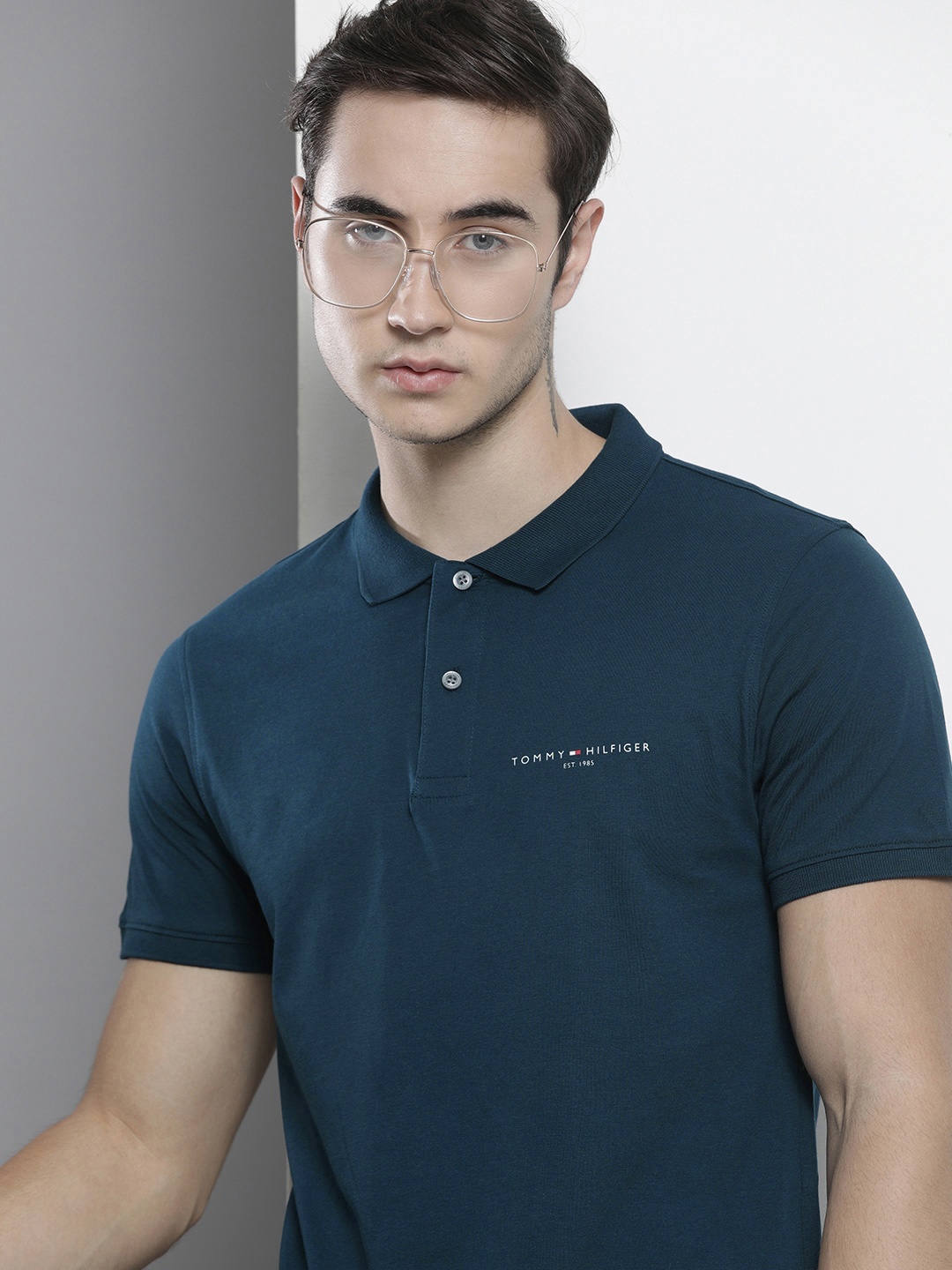

Tommy Hilfiger Men Teal Blue Printed Detail Polo Collar Slim Fit T-shirt