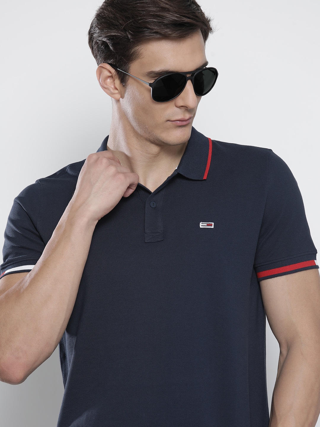 

Tommy Hilfiger Men Navy Blue Solid Polo Collar Organic Cotton T-shirt