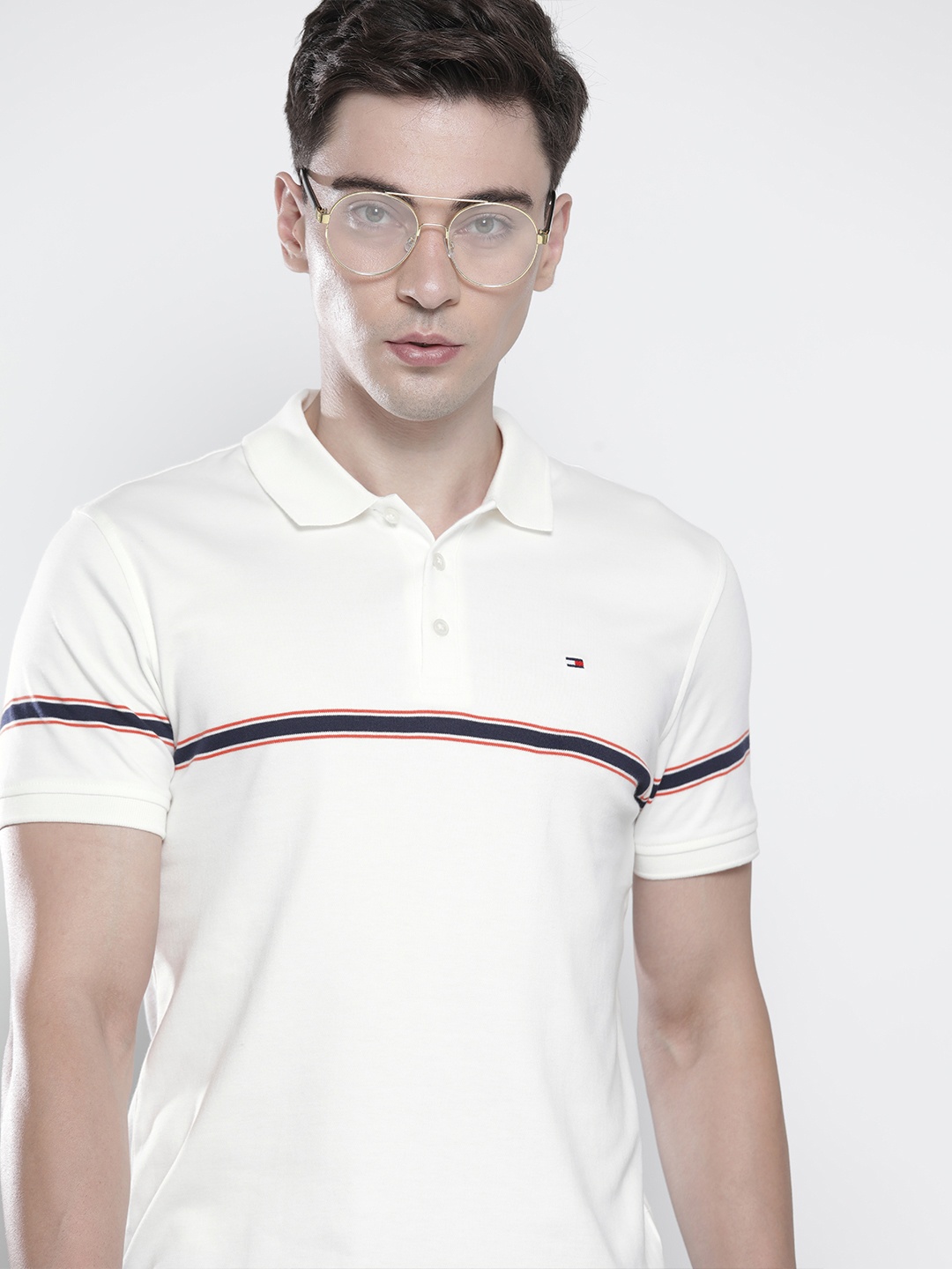 

Tommy Hilfiger Men Snow White Striped Polo Collar Pure Cotton Slim Fit T-shirt