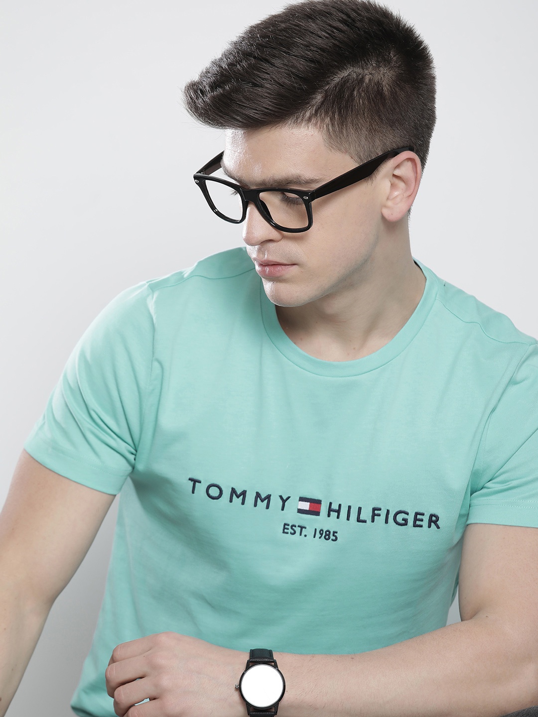 

Tommy Hilfiger Men Turquoise Blue Brand Logo Embroidered Pure Cotton T-shirt