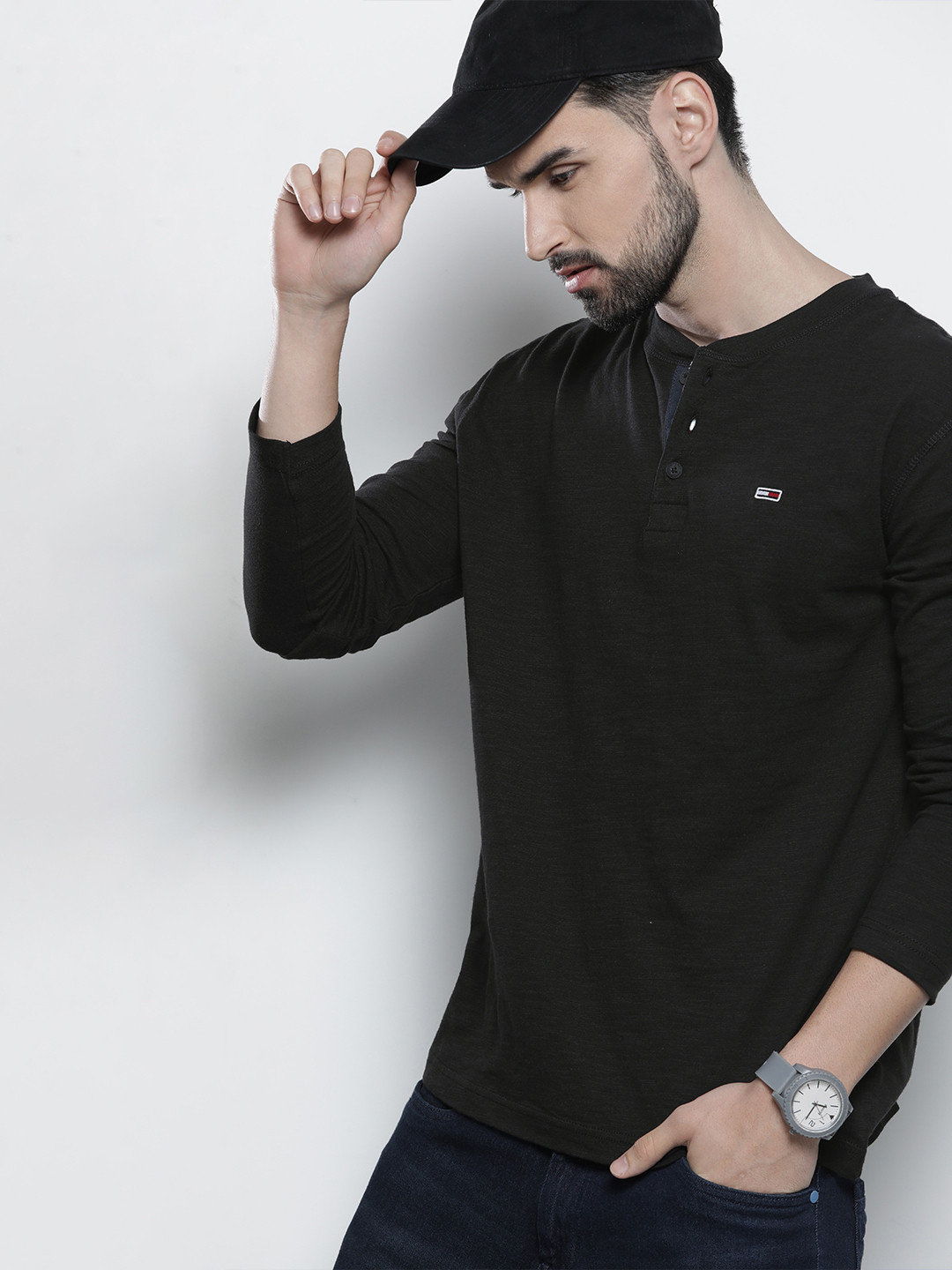 

Tommy Hilfiger Men Black Henley Neck Organic Cotton T-shirt