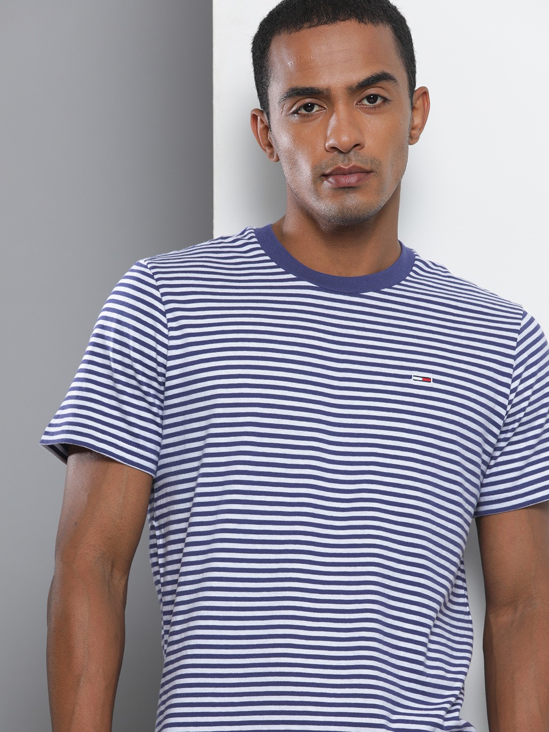 

Tommy Hilfiger Men Blue & White Striped Pure Cotton T-shirt