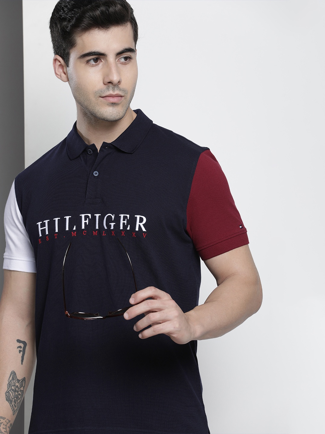 

Tommy Hilfiger Men Navy Blue Brand Logo Embroidered Polo Collar Pure Cotton T-shirt